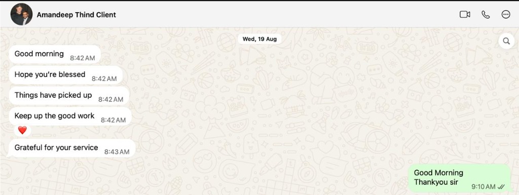 WhatsApp Testimonial - Amandeep Thind Client