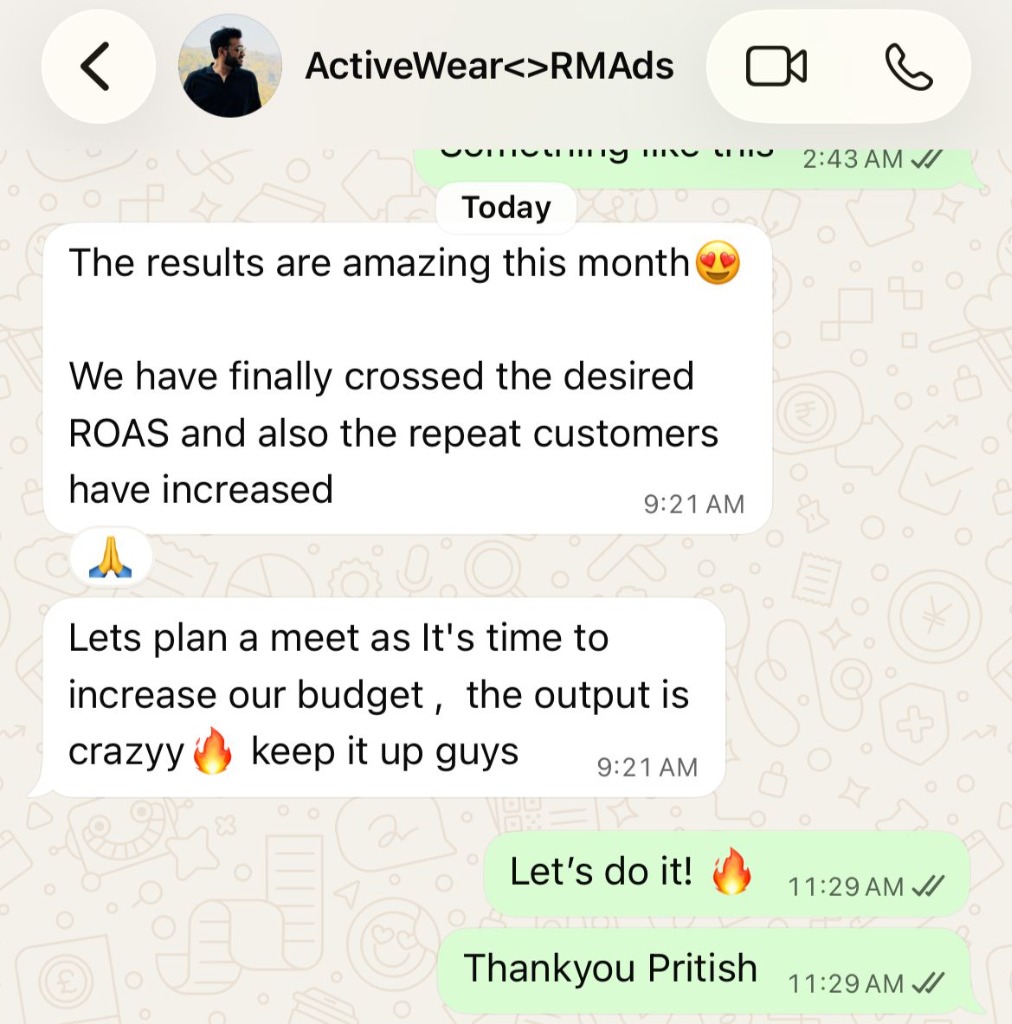WhatsApp Testimonial - ActiveWear Crossed Desired ROAS