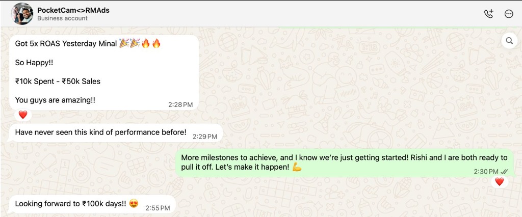 WhatsApp Testimonial - PocketCam 5x ROAS Breakthrough