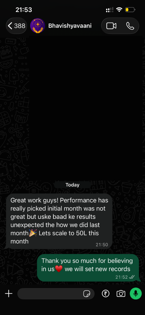 WhatsApp Testimonial - Bhavishyavaani Scaling to 50L